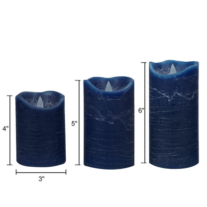CANDLE CHOICE Real Wax Battery Operated Flameless Candles with Automatic Daily Cycle Timer Realistic Flickering Electric LED Pillars Wedding Party Holiday Decorations Set of 3 Rustic Texture Navy Blue