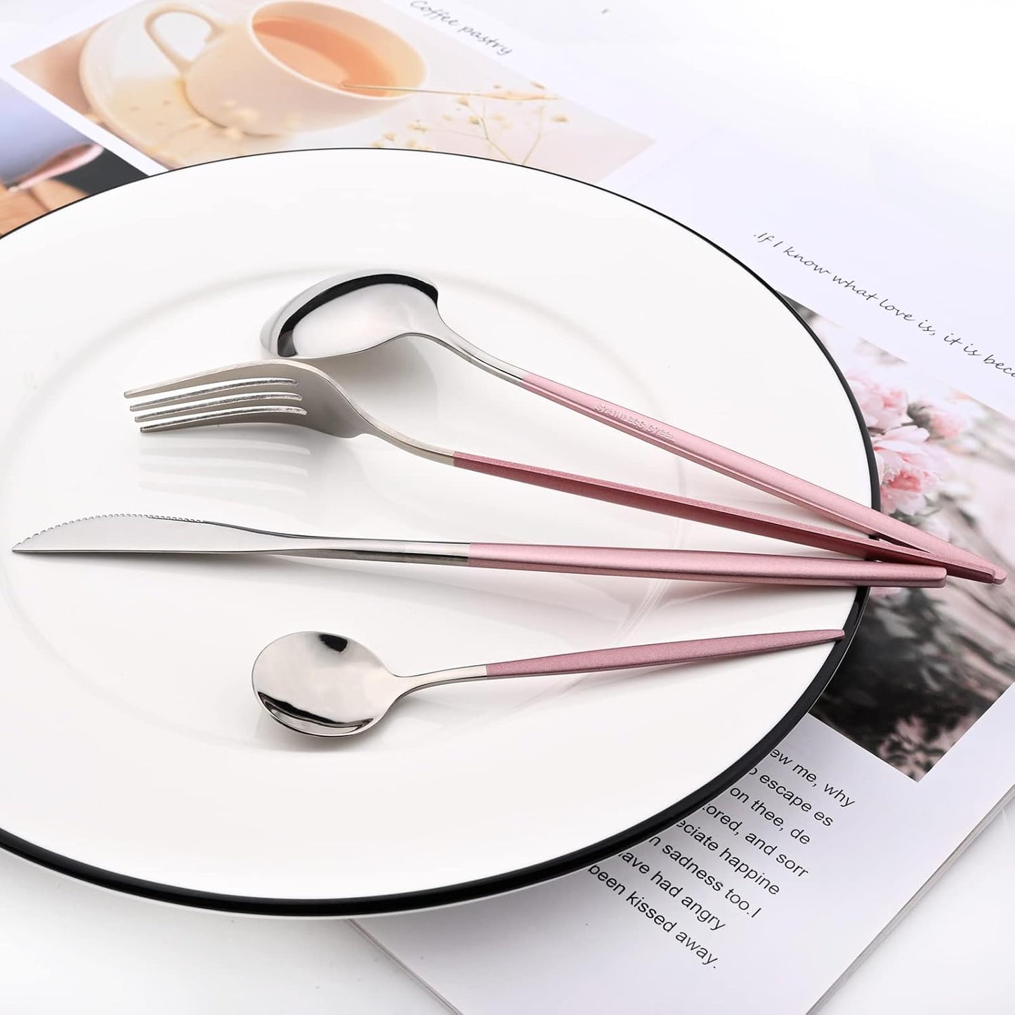 Mirror Cutlery Serving Set, 24-Piece Stainless Steel Silverware with Pink Handle, Modern Tableware for Home Party