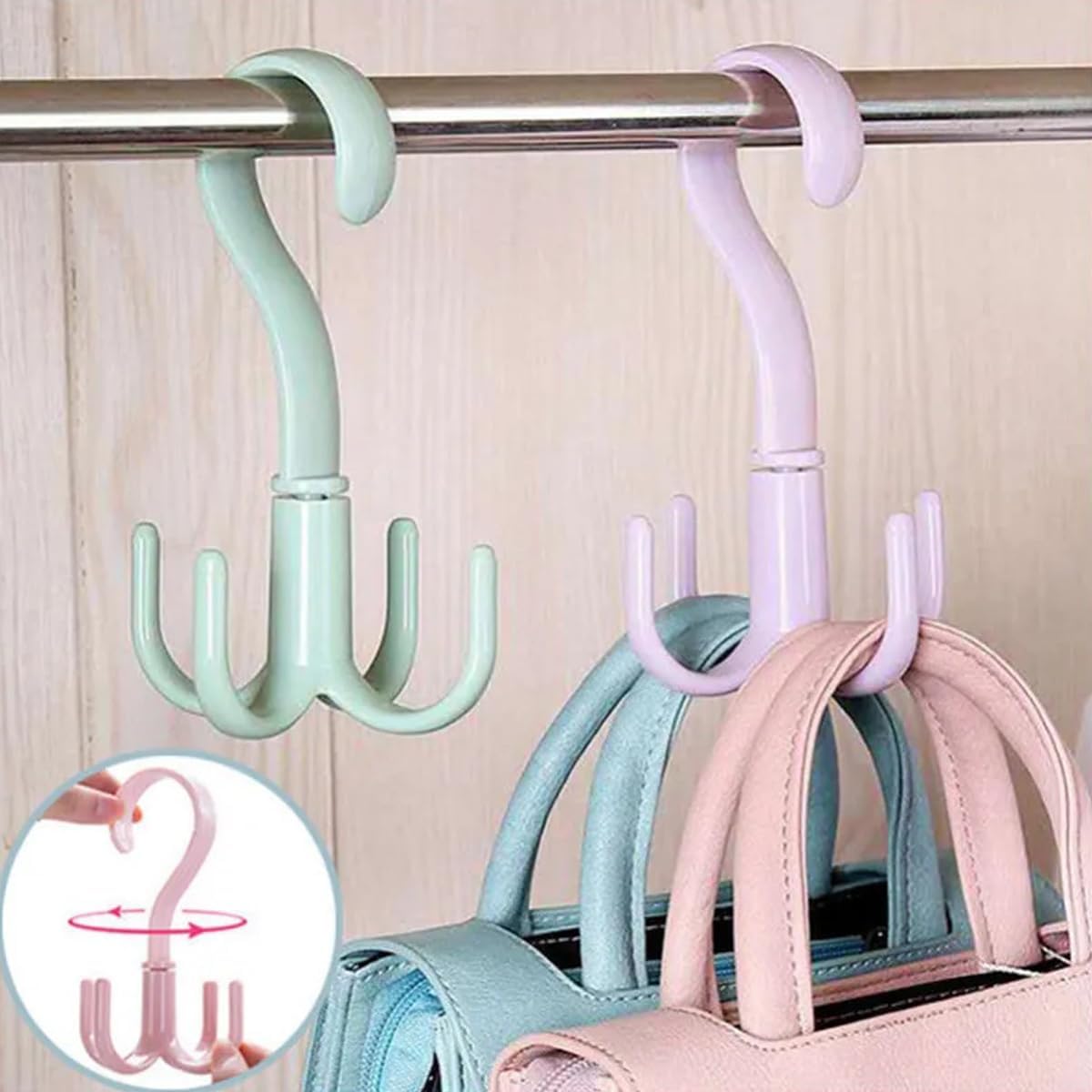 Closet Hanging Hooks, Rotatable Storage Organizer, Set of 4 Punch-Free Closet Hanger Holder for Home