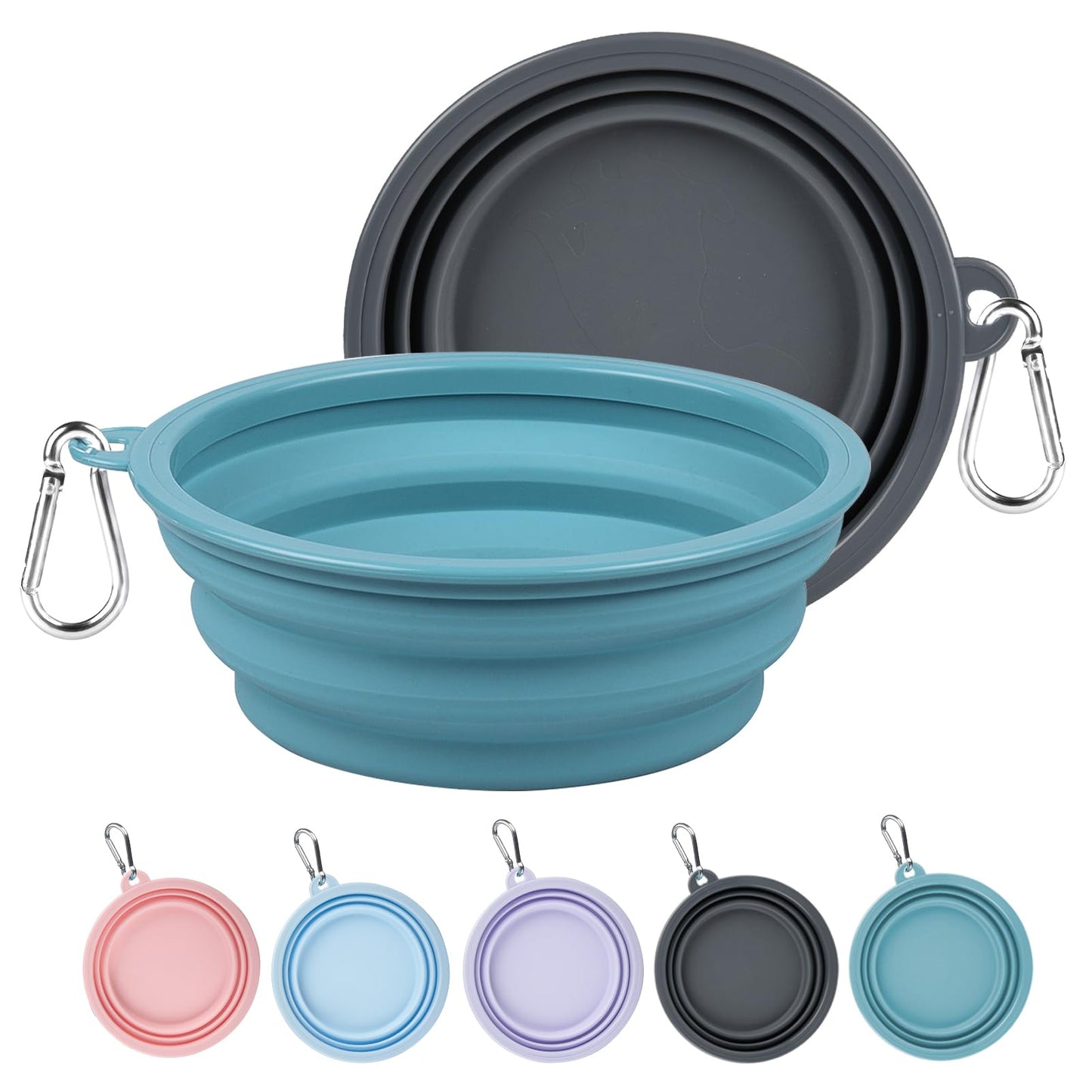 Kytely Collapsible Dog Bowls 2 Pack (650ml) - Portable Travel Pet Food & Water Bowls with Carabiner Clip, Foldable Feeding Dish for Dogs Cats, Hiking Walking Camping (Blue+Grey)