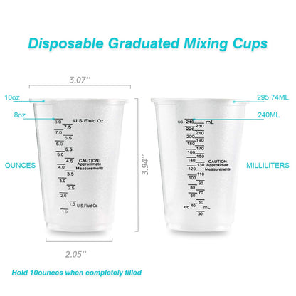 XUXU 100pcs 8oz Graduated Clear Plastic Measuring Cups with 100pcs Wooden Stirring Sticks for Mixing Paint, Pigments, Epoxy Resins, Resins