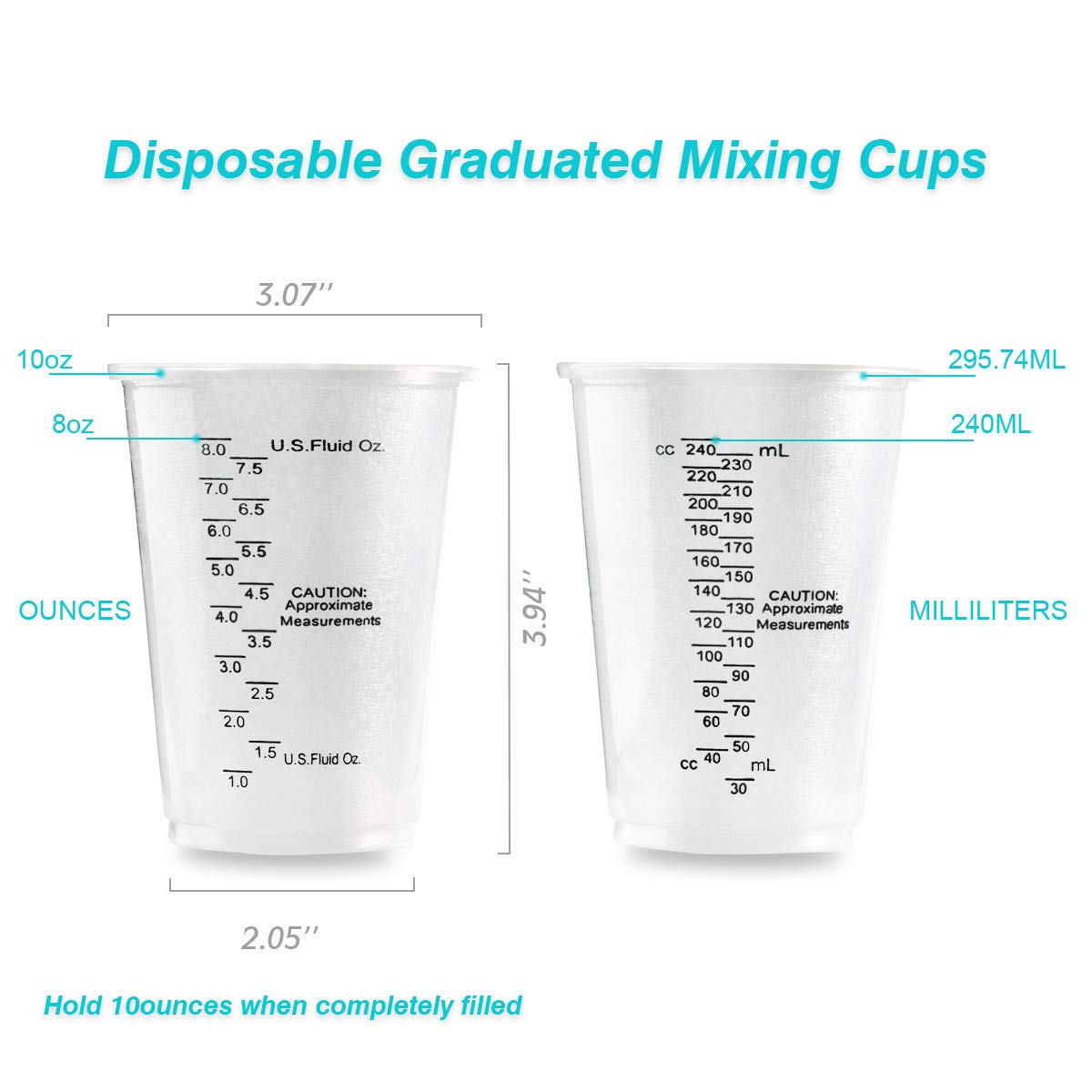 XUXU 100pcs 8oz Graduated Clear Plastic Measuring Cups with 100pcs Wooden Stirring Sticks for Mixing Paint, Pigments, Epoxy Resins, Resins