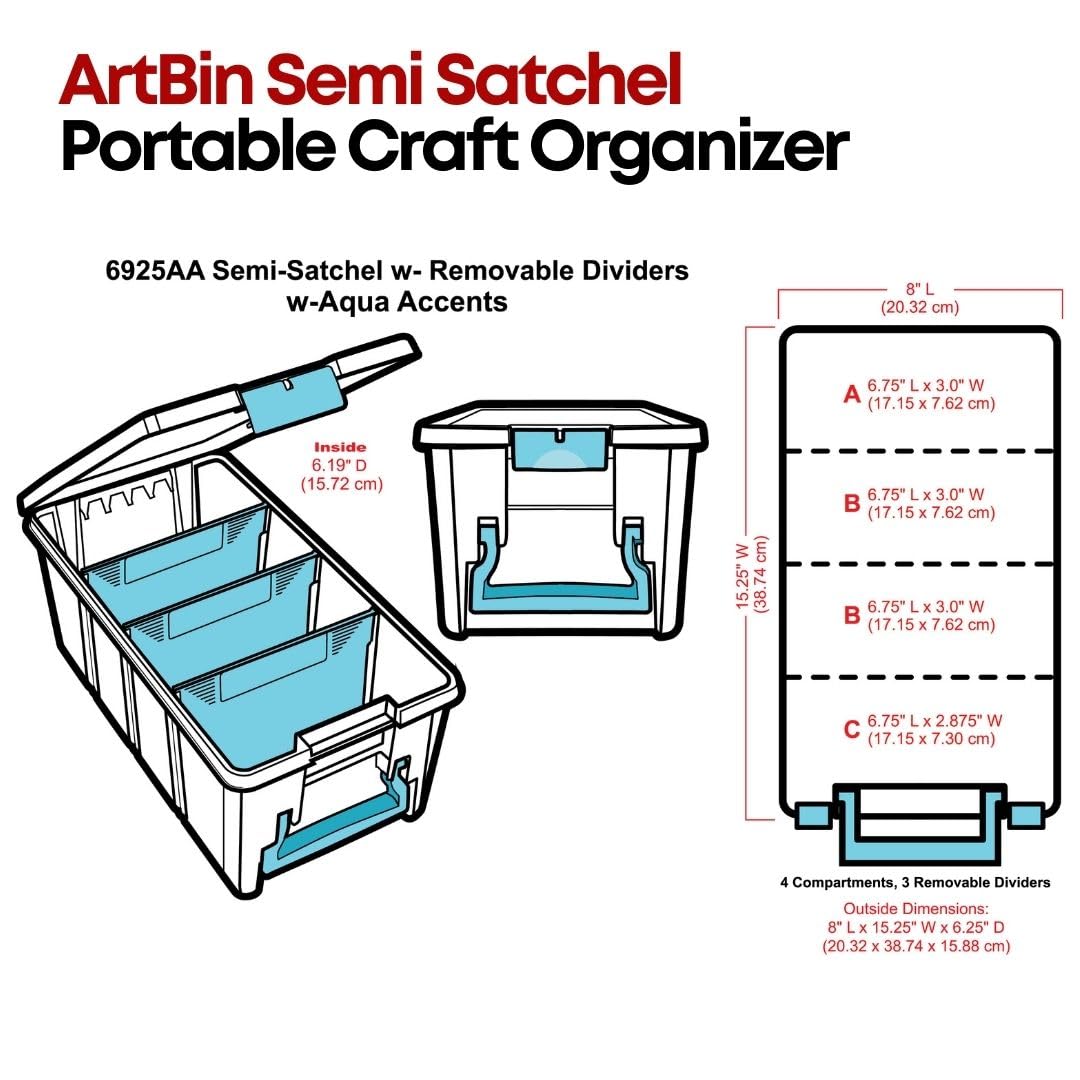 ArtBin 6925AA Semi Satchel with Removable Dividers, Portable Art & Craft Organizer with Handle, [1] Plastic Storage Case, Clear with Aqua Accents