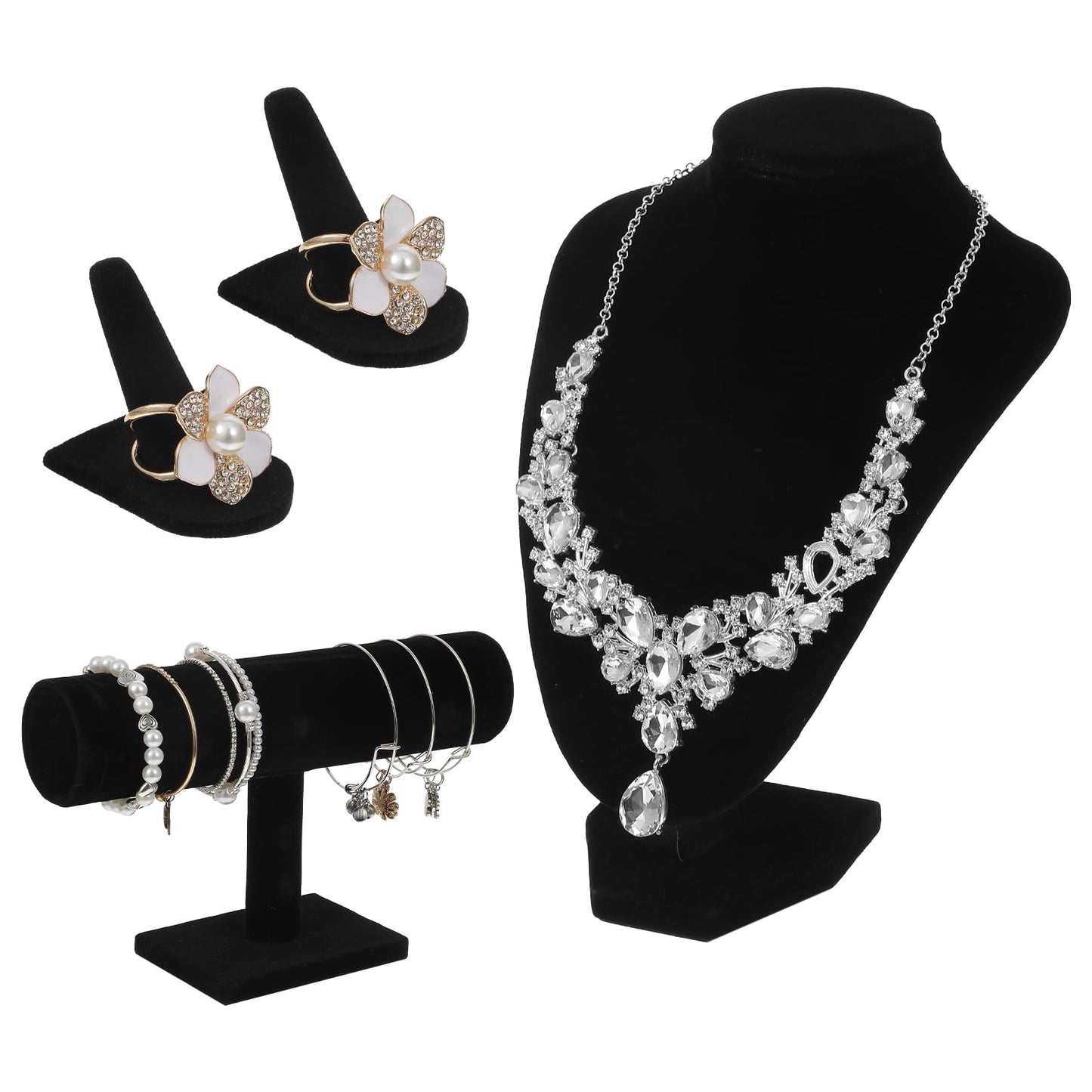 4 Pcs Jewelry Display Set Velvet Necklace Display Stand Jewelry Bust Displays T Bar Bracelet Holder 2 Ring Organizer For Vendors Selling Craft Shows Home Store Trade Show Black