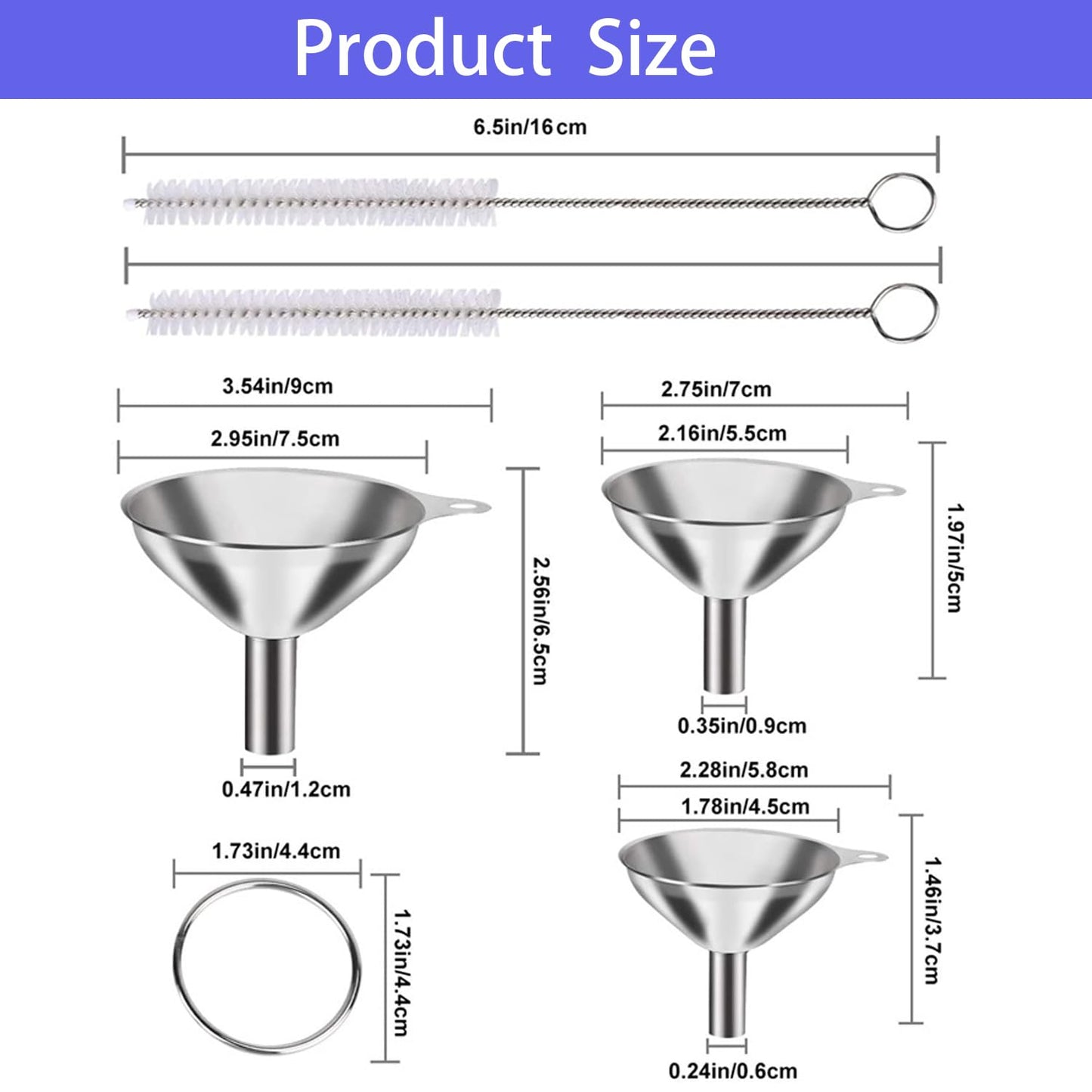 Kitchen Funnels Set for Bottles, 3pc Small/Medium/Large Stainless Steel Metal Funnels with 2 Cleaning Brushes
