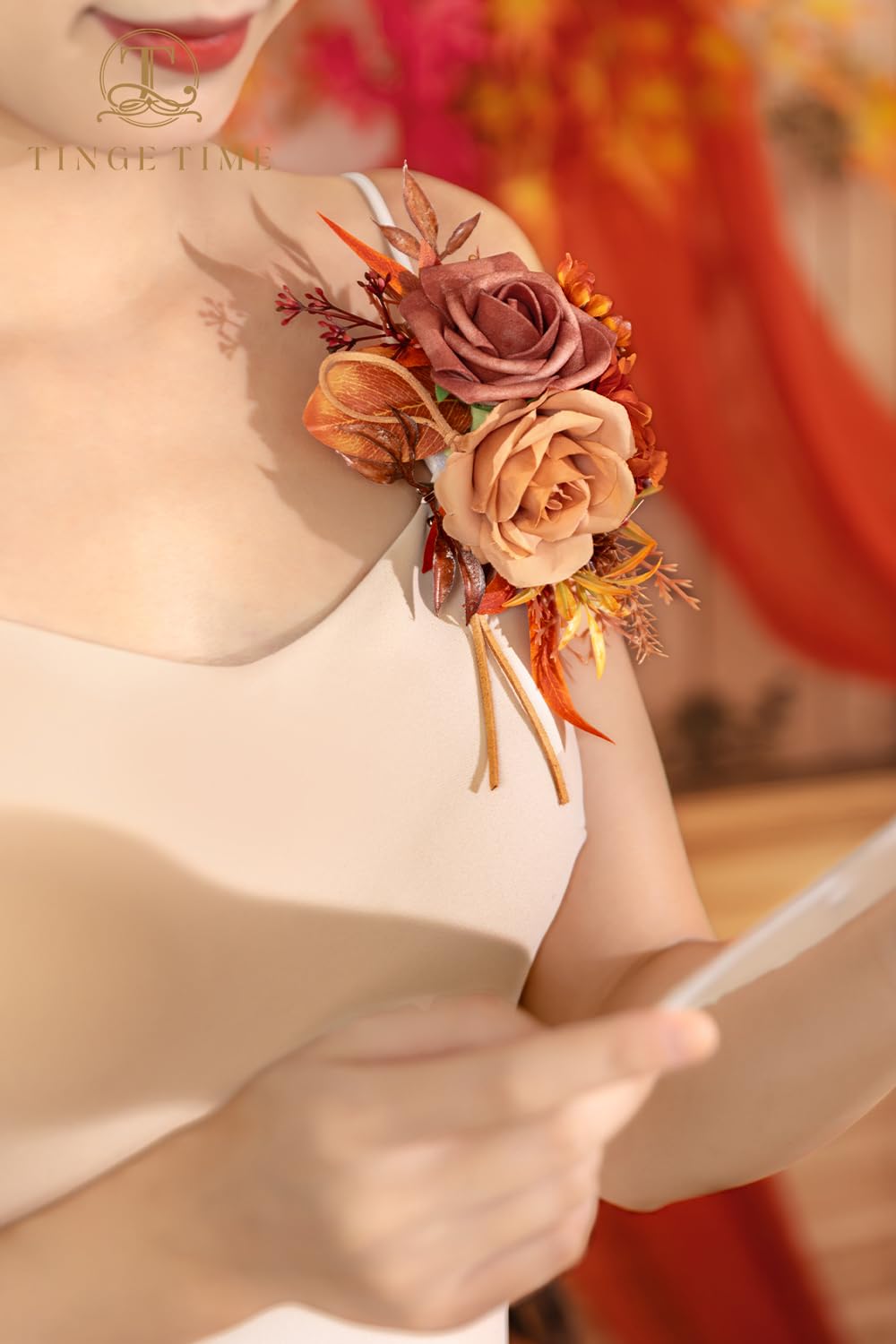 TINGE TIME Artificial Shoulder Corsages Flowers, Set of 2, Mother of The Bride Floral Corsage for Wedding Ceremony Anniversary Formal Dinner Party (Maple Red)