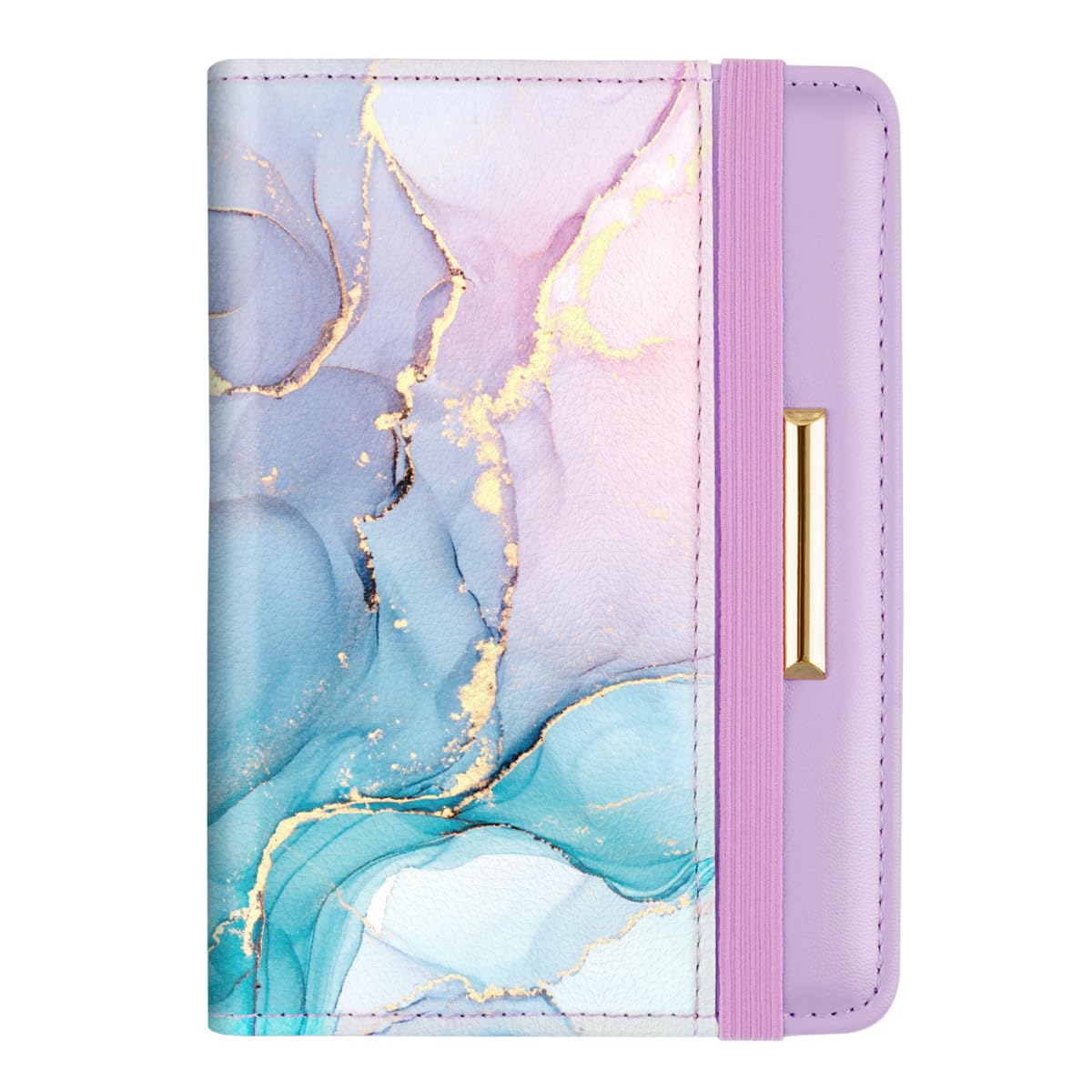 Passport Holder Cover, RFID Travel Wallet Credit Card Holder Cute Purple Pink Passport Book Holders for Women with Elastic Band and Golden Metal Decoration, Gradient Marble