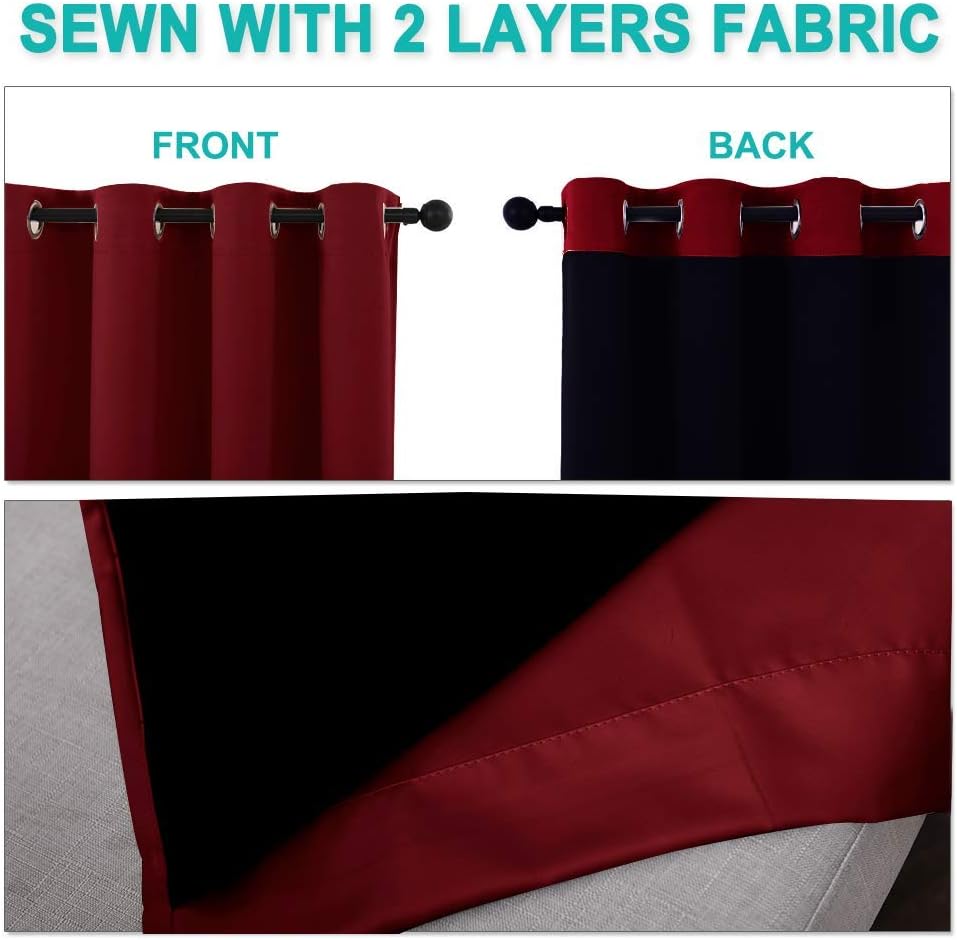 NICETOWN Kitchen Full Blackout Curtain Panel, 100% Blackout Drapery with Black Backing, Burgundy Red, 1 PC