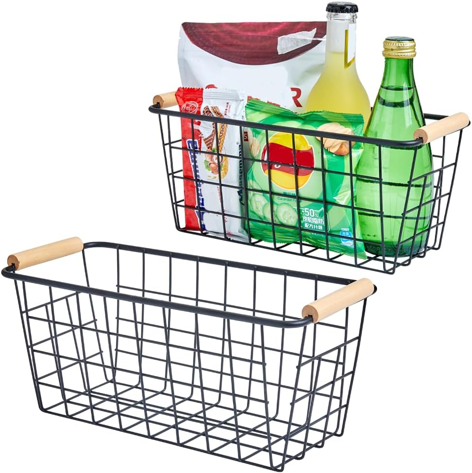 Black Metal Hanging Baskets with Handle, Wire Wall Storage Organizer with Hooks, 2-Pack Adhesive Baskets for Kitchen,