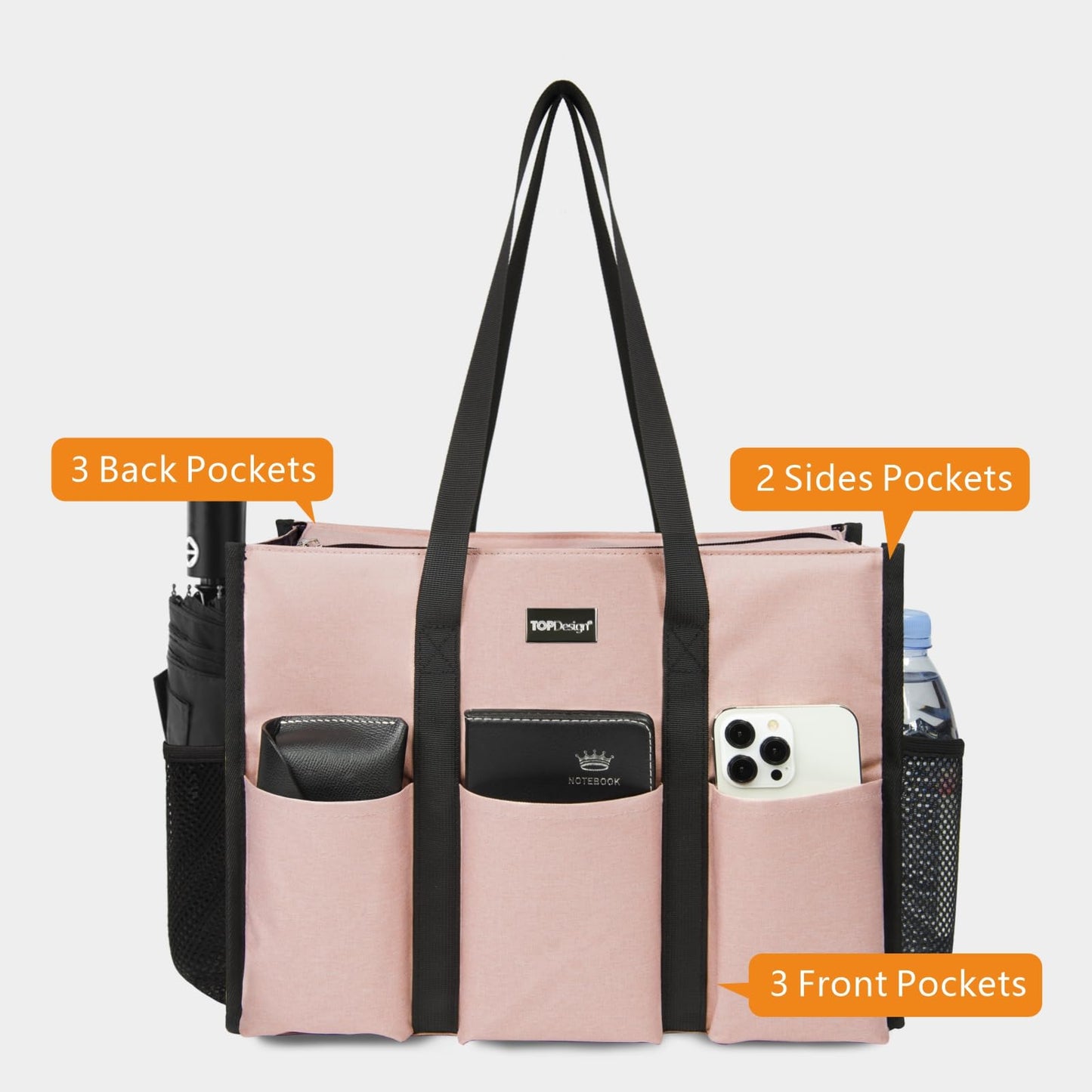 TOPDesign Utility Water Resistant Tote Bag with 13 Exterior & Interior Pockets, Top Zipper Closure & Thick Bottom Support, for Working Women, Teachers, Nurses, Accountants (Pink)
