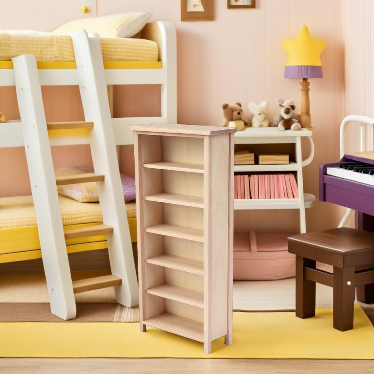 Angoily Mini Bookshelf, Dollhouse Bookcase, 1:12 Scale Doll House Furniture, Miniature Wooden Storage Cabinet Model, Unfinished Wood Library Shelving Scene, DIY Accessories for Room Display Collection
