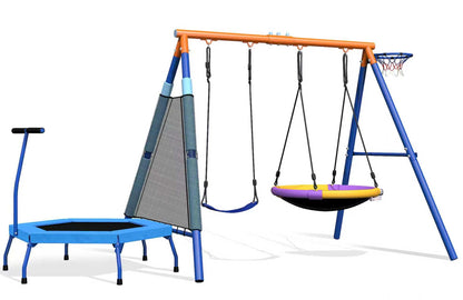 5-in-1 Kids Swing Sets for Backyard with Trampoline, 880lbs Heavy-Duty A-Frame Stand Metal Outdoor with 32 inch Saucer & Belt Swing, 55 inch Trampoline, Basketball Hoop, Led Light & Anchors