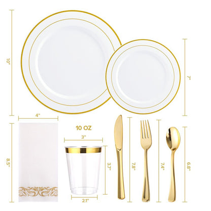 FOCUSLINE 350 Ct Disposable Dinnerware Set for 50 Guests -Heavy Duty Plastic Plates with Gold Rim, Includes 50 Dinner & Salad Plates, Cups, Napkins, Cutlery Set