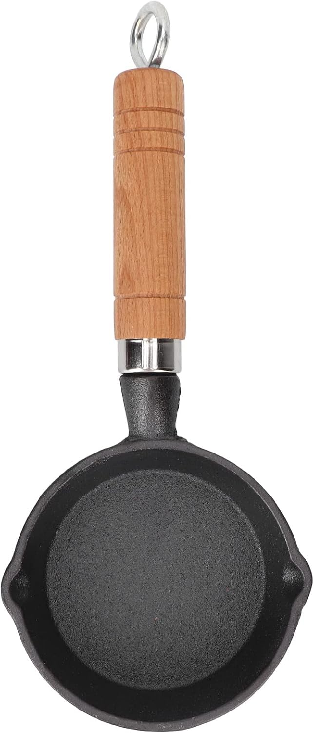 Fdit 10CM Casting Iron Frying Pan, Wood Handle Egg Skillet, Mini Flat Bottomed Pancake Pan