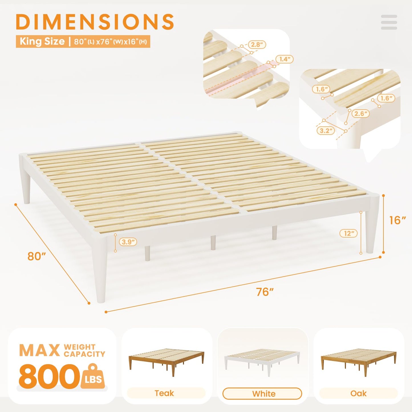 IOTXY King Platform Bed Frame - Solid Wood 16-Inch Height Mattress Foundation Base with Densely Slats and Heavy-Duty Support Legs, No Box Spring Needed, White