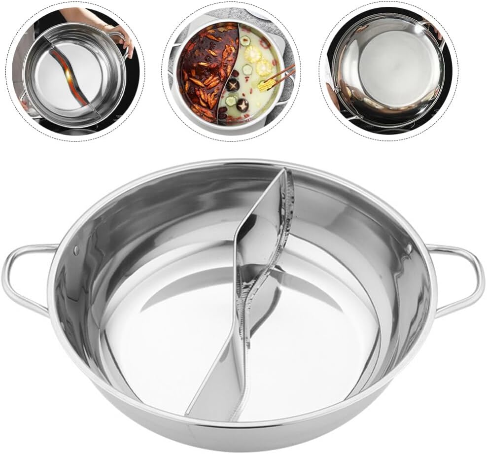 UPKOCH Stainless Steel Pot with Divider, Weldless Hot Pot for Two-flavor Soup, Shabu Shabu Pot, Induction Cookware, 28cm