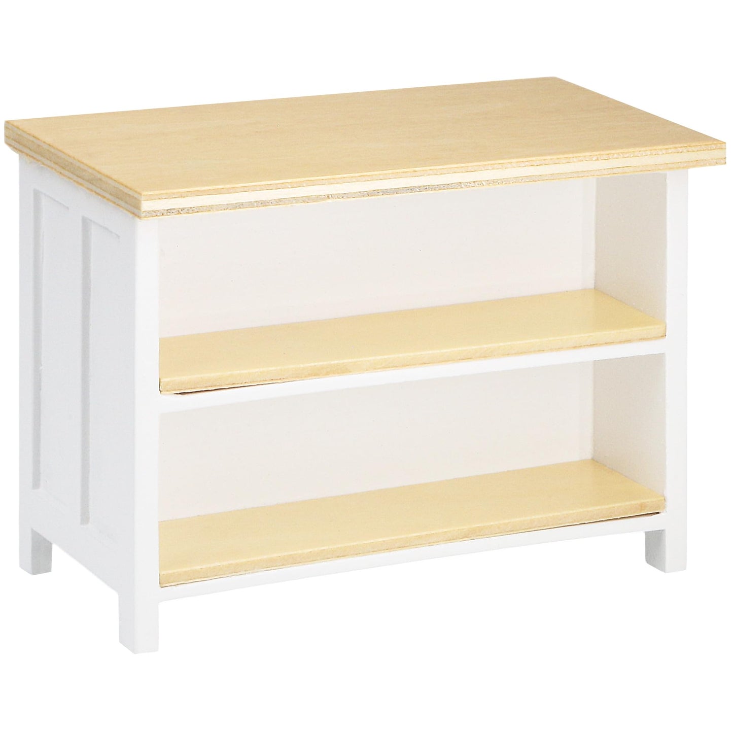 Miniature Dollhouse Kitchen Island, 1/12 Scale Wood Dining Table with Storage Shelves, Modern Furniture Accessories, Rectangular Mini Counter Shelving for Restaurant Pub Bar Decoration, White