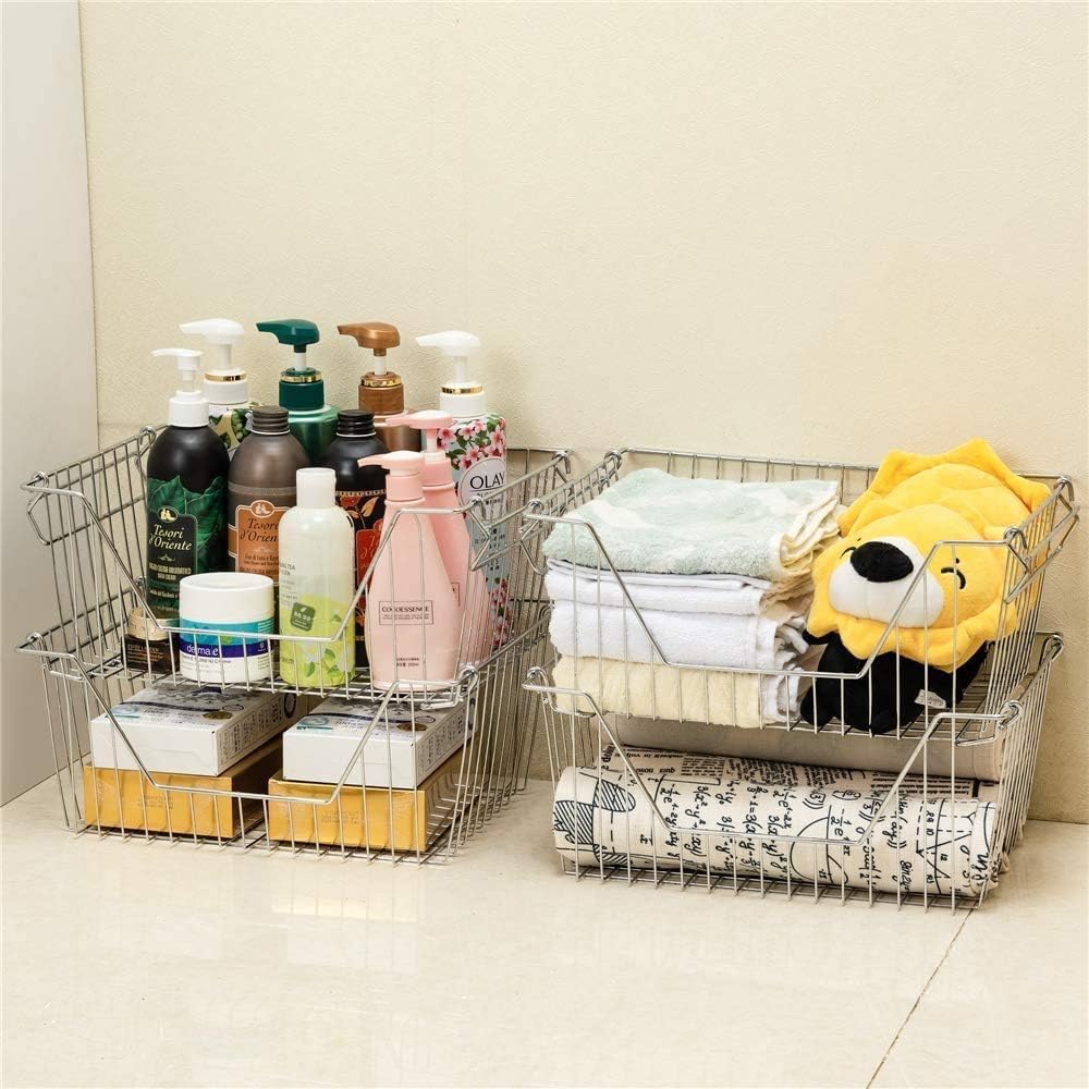 Stackable Wire Metal Baskets, Sturdy Cabinet Organizer for Home, Bathroom, Kitchen, Chrome, 3 Packs