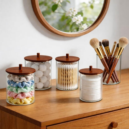 Skiennix Glass Qtip Holder Dispenser Set - 15oz & 10oz Cotton Swab Canisters with Acacia Lids | Bathroom Vanity Organizer (2 Pack)
