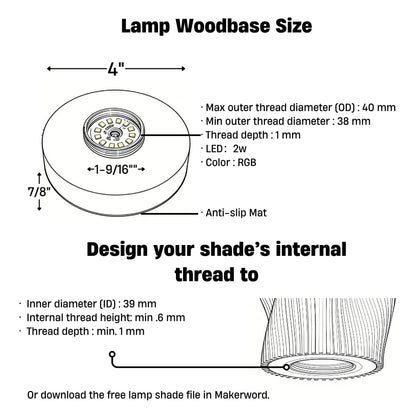 PDClnyck 2pcs LED Wooden Lamp Base Kit with Metal External Thread for Bambu Lab 3D Printed Shade, 5V USB Powered DIY Hardware for MakerWorld Model (White) (RGB Light+Remote)