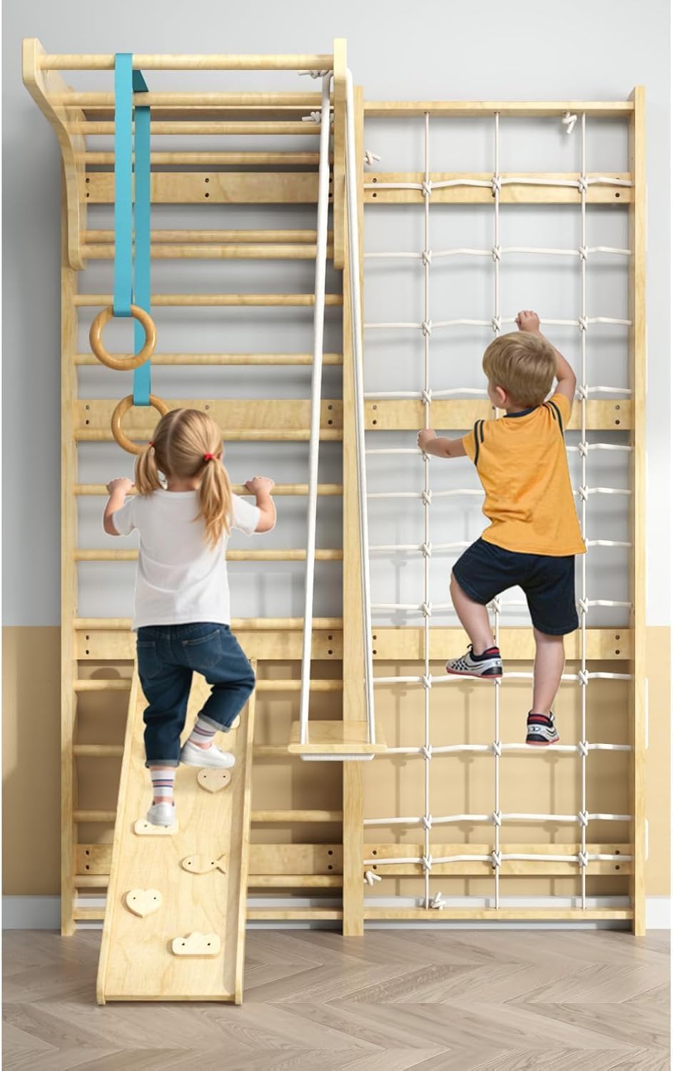 7-in-1 Swedish Ladder, Wooden Climbing Wall Ladder for Kids and Adults, Montessori Climber Playset with Pull-Up Bar, Indoor Climbing Gym, Kids Playground