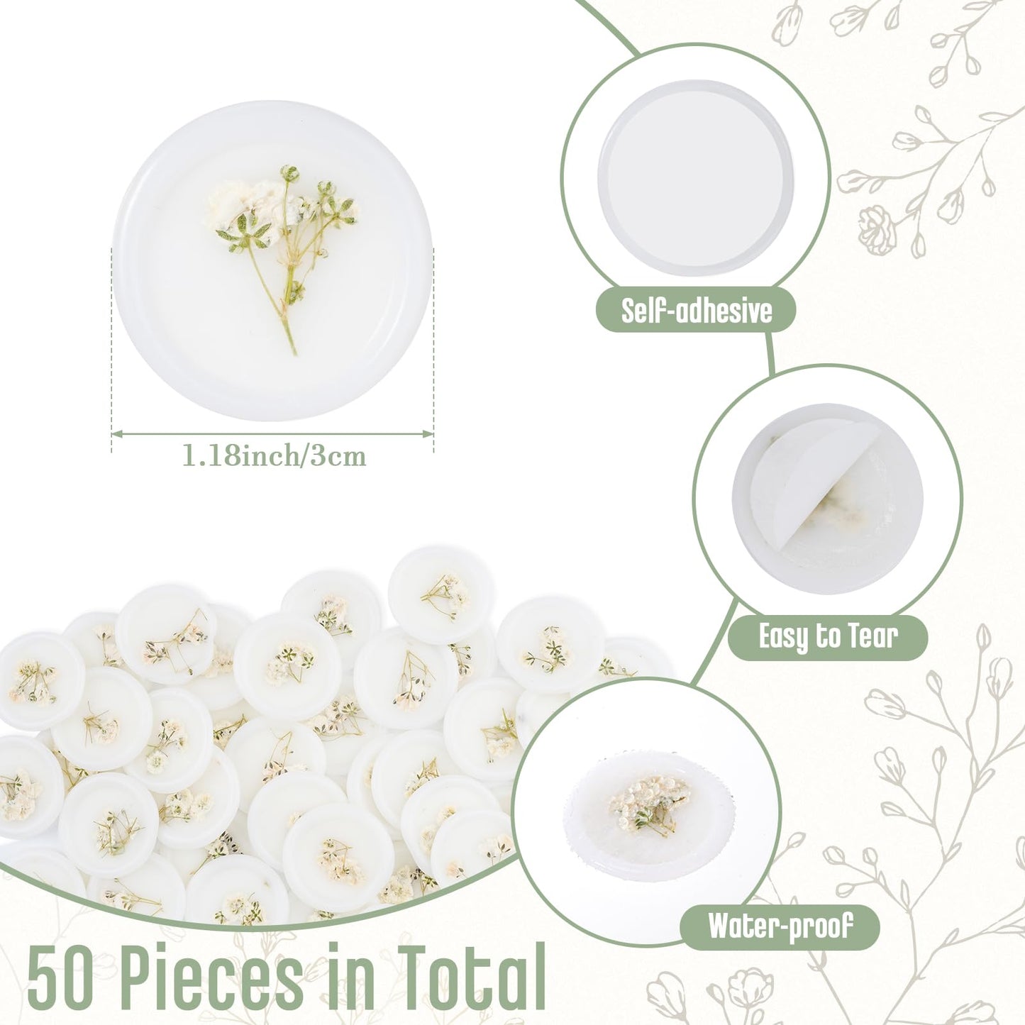Qilery 50 Pcs Baby's Breath Wax Seal Stickers Dry Floral Self Adhesive Envelope Wax Seal Stamp Stickers Bulk for Wedding Invitation Bridal Shower Birthday Party Letter Greeting Card Gift Wrapping