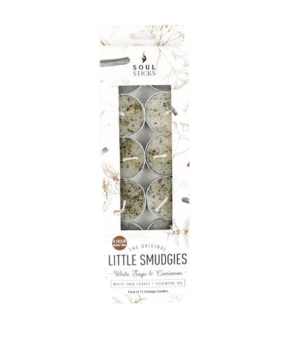 SOUL STICKS 12 Pack Little Smudgies Tealight Candles Smudge Candle for Cleansing House, Meditation, Chakra Healing | Made with Crystals and Herbs (White Sage & Cinnamon)