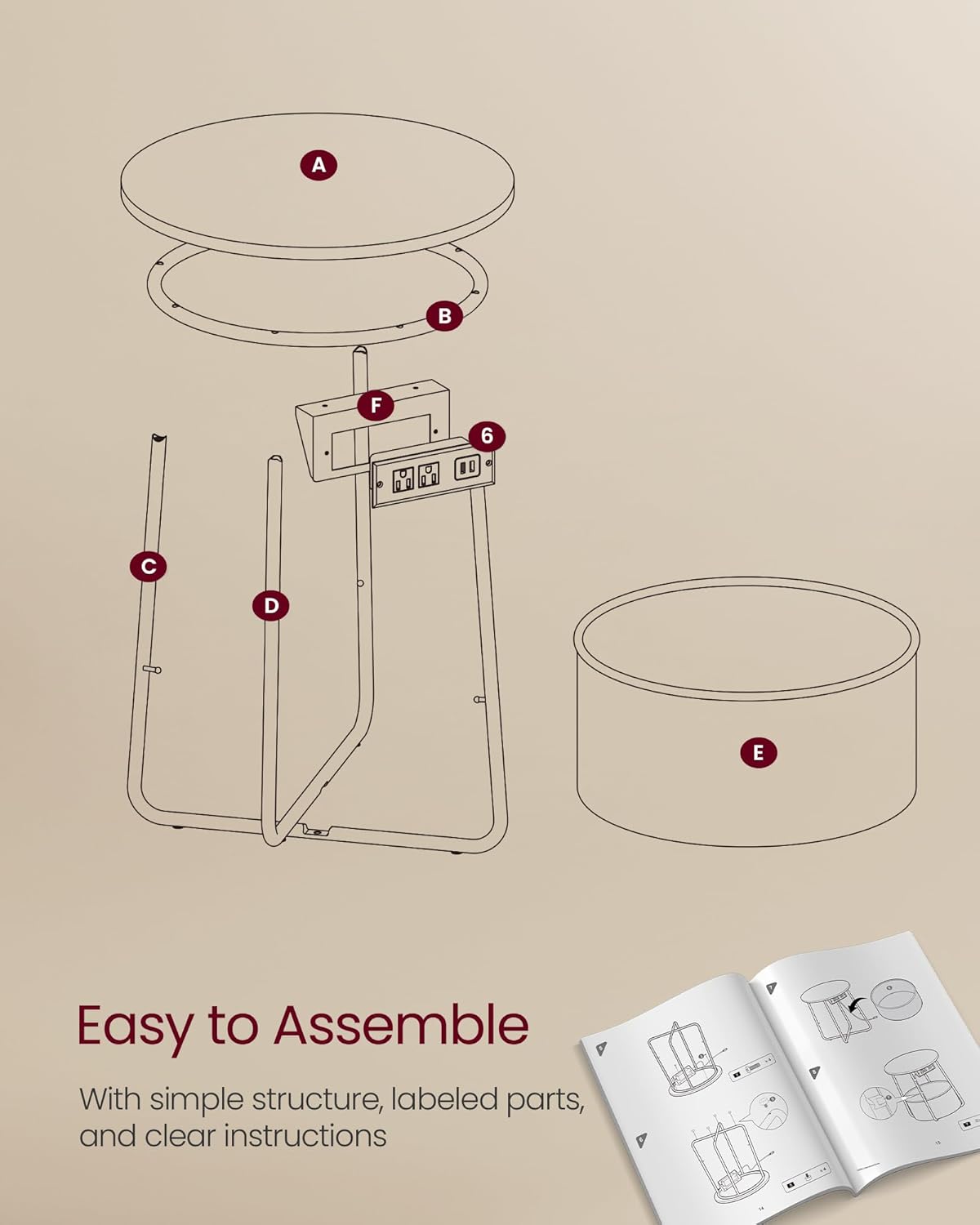 ULET228W01 VASAGLE LILEA Collection - Side Table with Charging Station, Round End Table with Fabric Basket, Nightstand