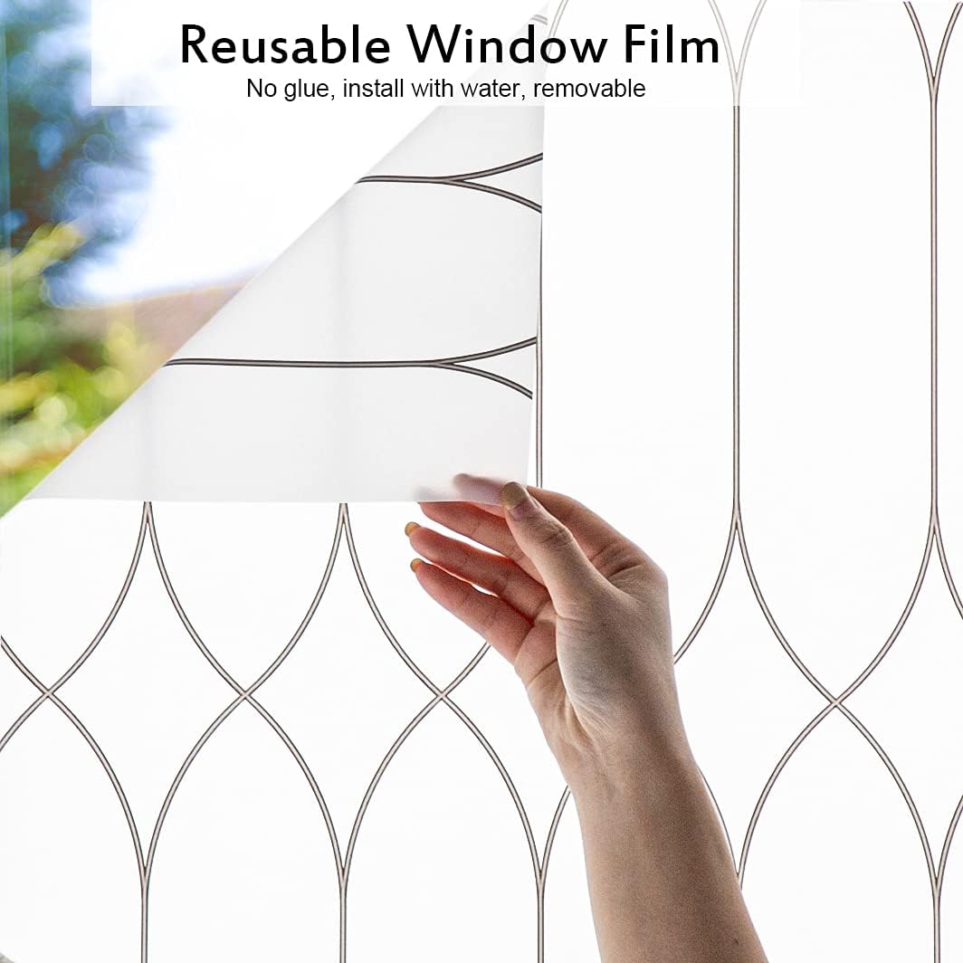 Privacy Window Film Decoration, White Frosted w/Black Morocco Lines, 17.7"x78.7", Heat Control Window Tint, Removable