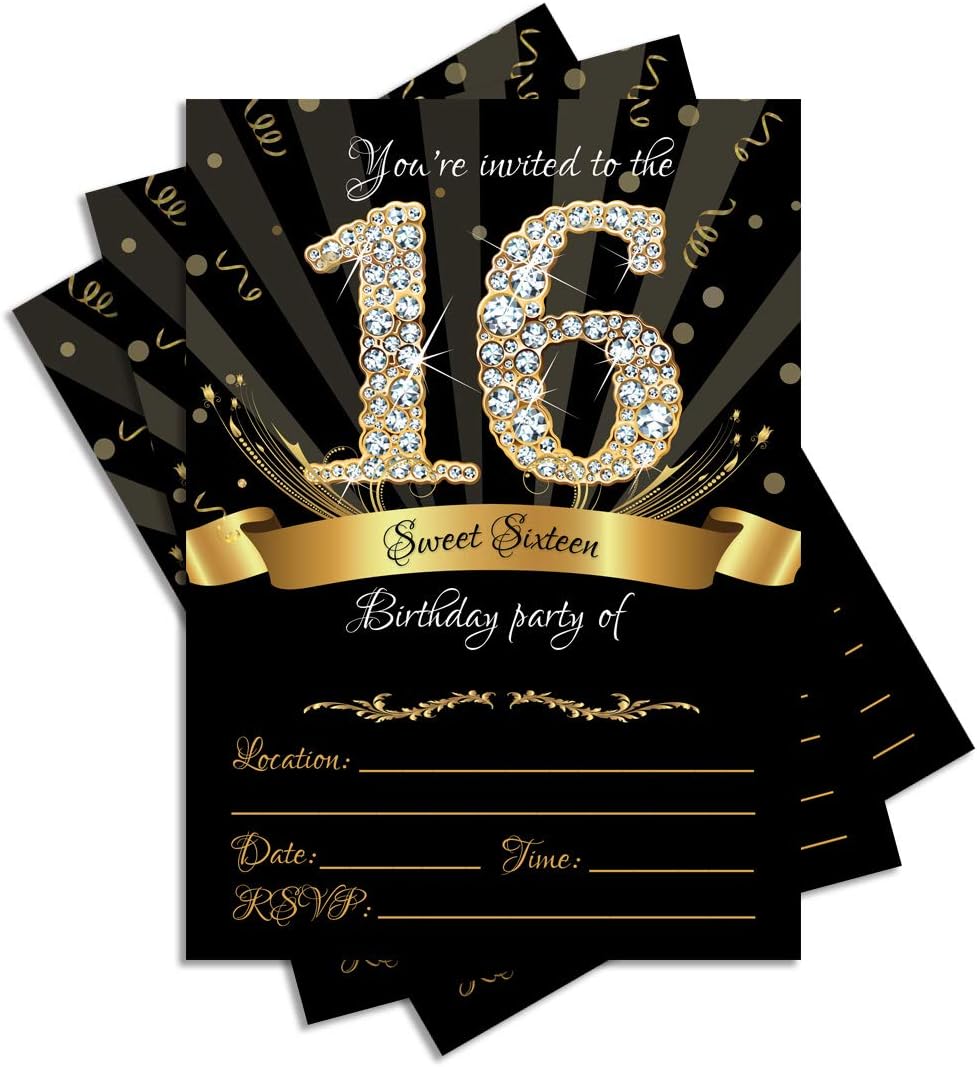 25 Sweet Sixteen Black Double-Sided Party Invitations Kit, 5x7, with Gold Metallic Pen and Envelopes