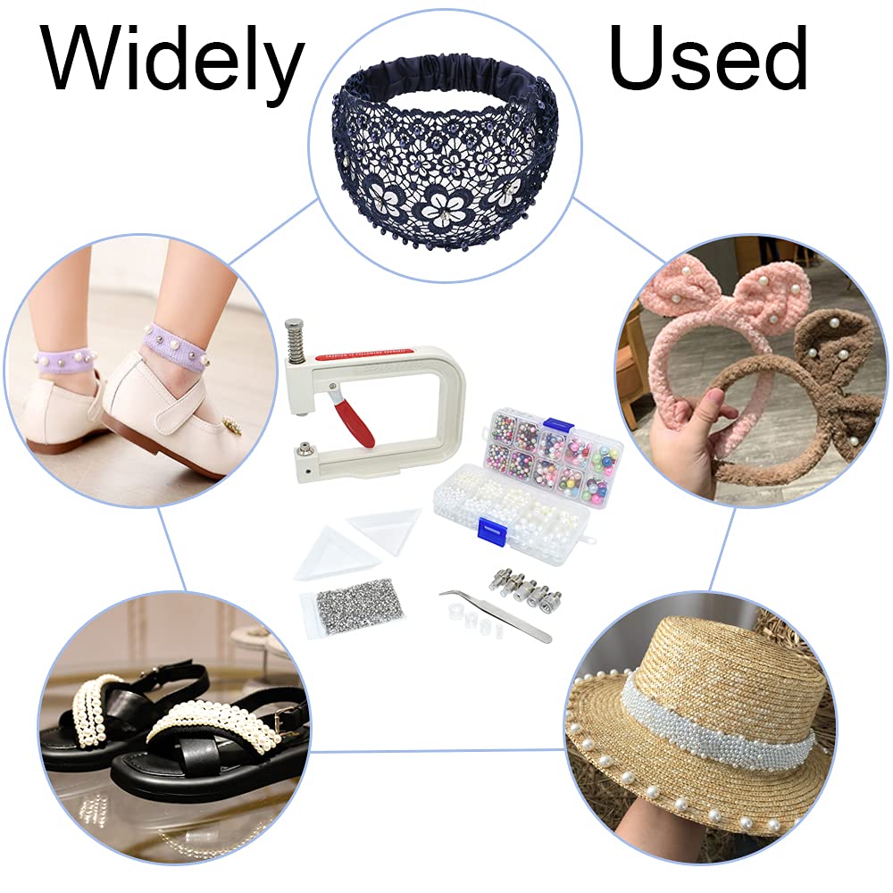 Pearl Setting Hand Press Machine Tools with 2 Boxes of 5 Sizes Colorful no Holes Round Pearls Beads and Rivet Studs, Screw Heads Tweezers for DIY Crafts