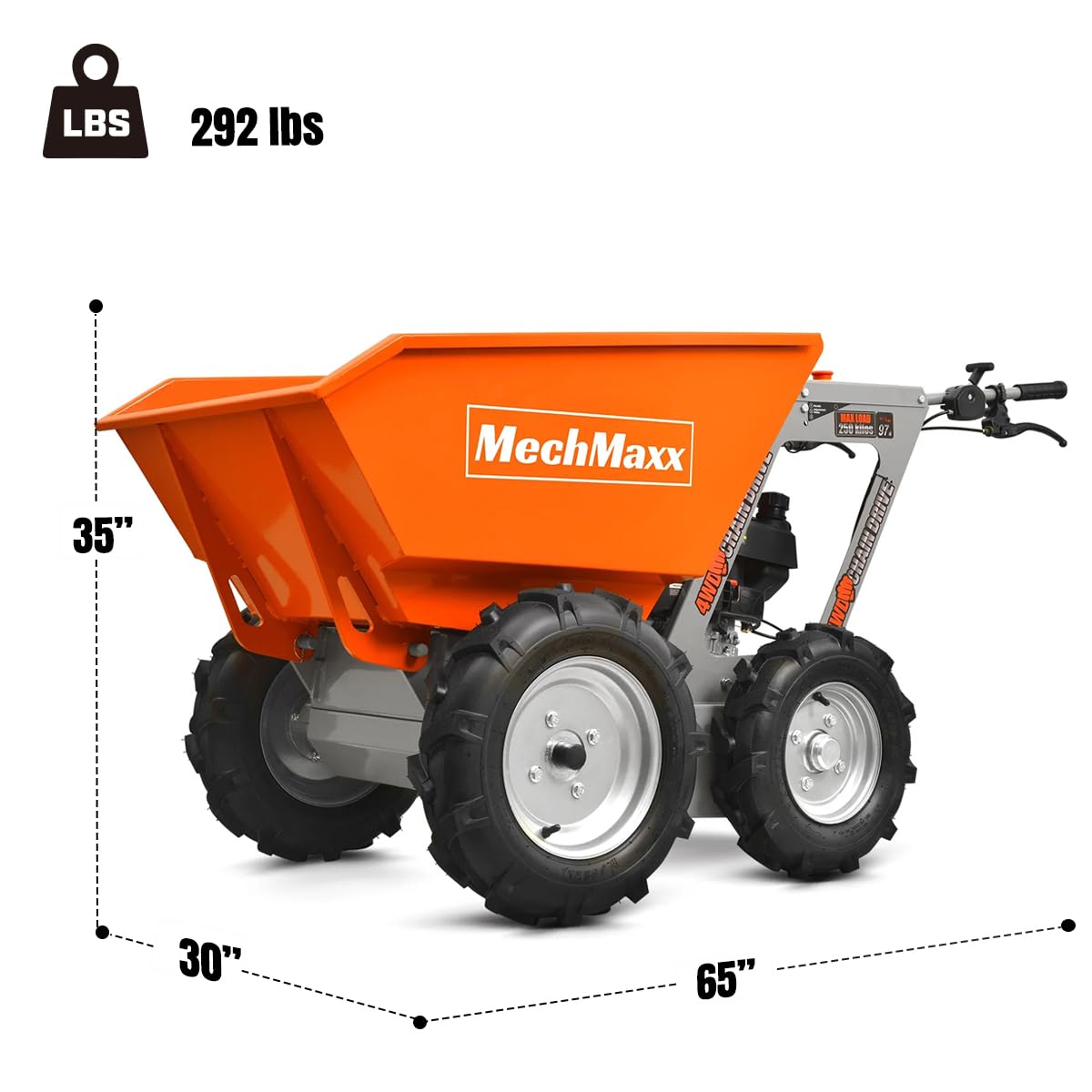 MechMaxx 660lbs Loading Capacity 201cc 6.5HP Gas Powered Wheelbarrow Dumper Garden Cart, Four-Wheel Drive, 4F+1R Gearbox, Model T25