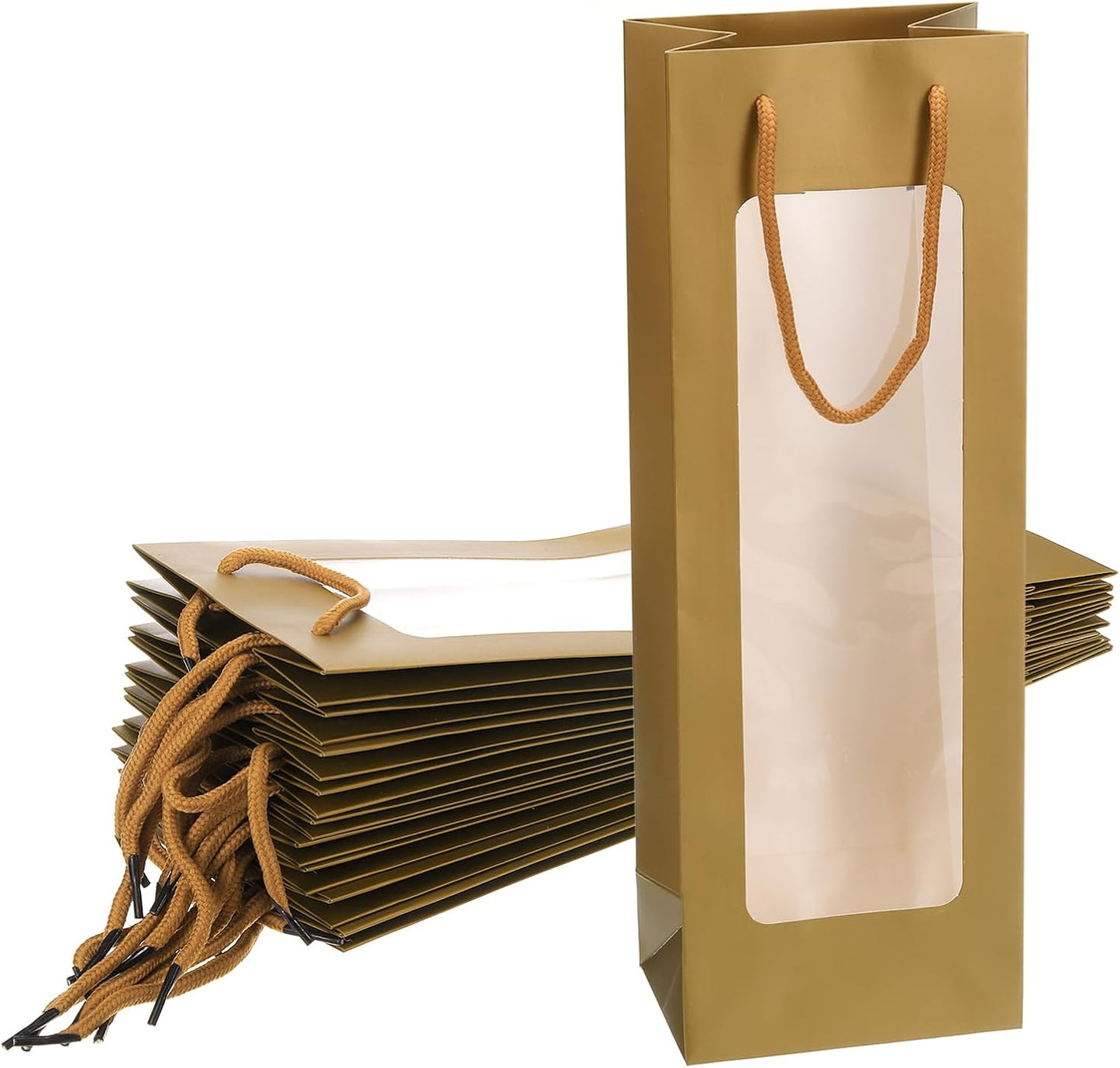 uxcell Wine Bags - 20pcs 4.92"x3.35"x14.2" Paper Tote Bags with Rope Handles, Clear Window for Party Supplies, Gold