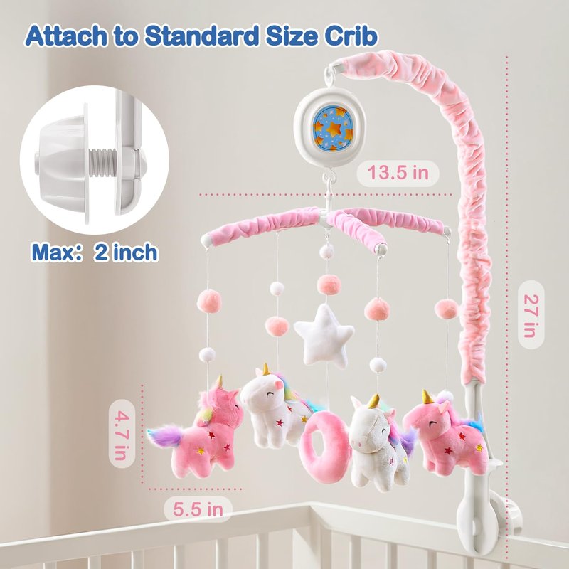 Unicorn Baby Crib Mobile for Girls with Music Box (100+ Lullabies), Rotating Plush Crib Toys for Newborns, Infant, Baby Shower Gift