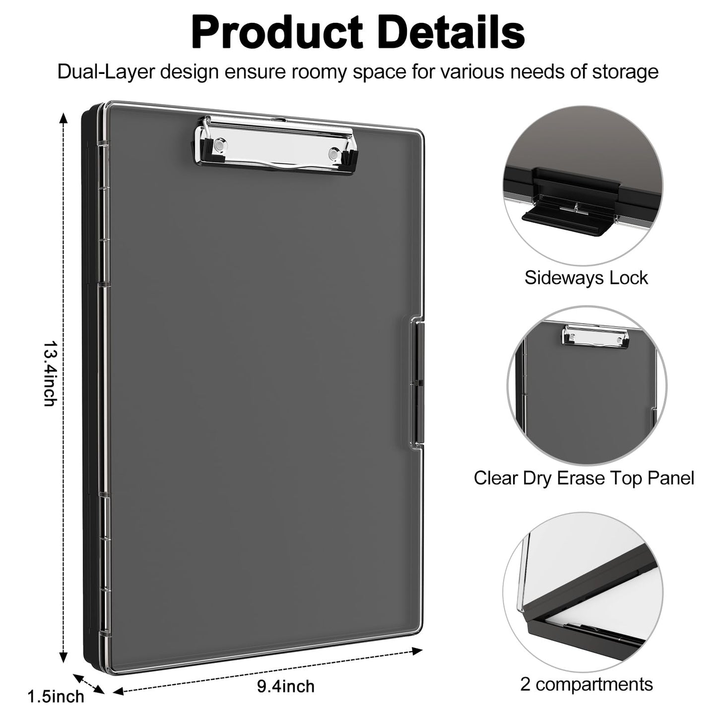 Piasoenc Clipboard with Storage, 8.5 x 11 Clip Boards with 2 Storage Case and A4 Paper Folder, Clear Dry Erase Top Panel, Heavy Duty Plastic, Folio & Side Opening, for Nurses, Teachers, Lawers,Black