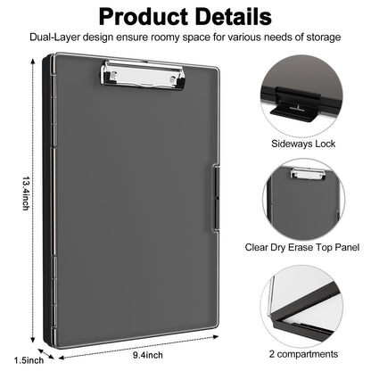 Piasoenc Clipboard with Storage, 8.5 x 11 Clip Boards with 2 Storage Case and A4 Paper Folder, Clear Dry Erase Top Panel, Heavy Duty Plastic, Folio & Side Opening, for Nurses, Teachers, Lawers,Black
