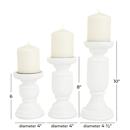 Deco 79 Mango Wood Turned Style Pillar Candle Holder, Set of 3 10", 8", 6"H, White
