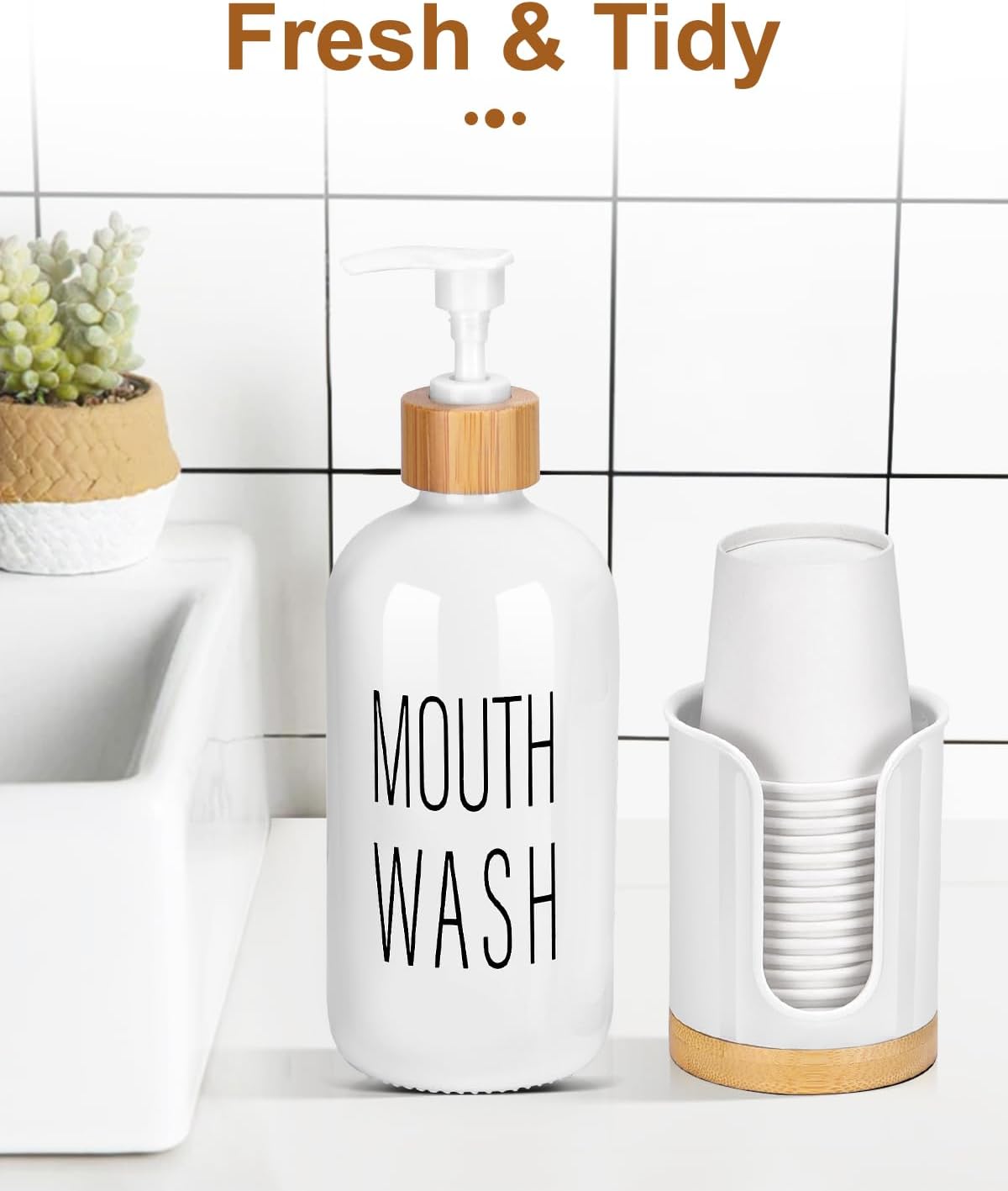 3 oz Pump Mouthwash Dispenser with Bathroom Cup Holder, Glass Mouthwash Container, Mouth Wash Bottle Decanter, Small PC