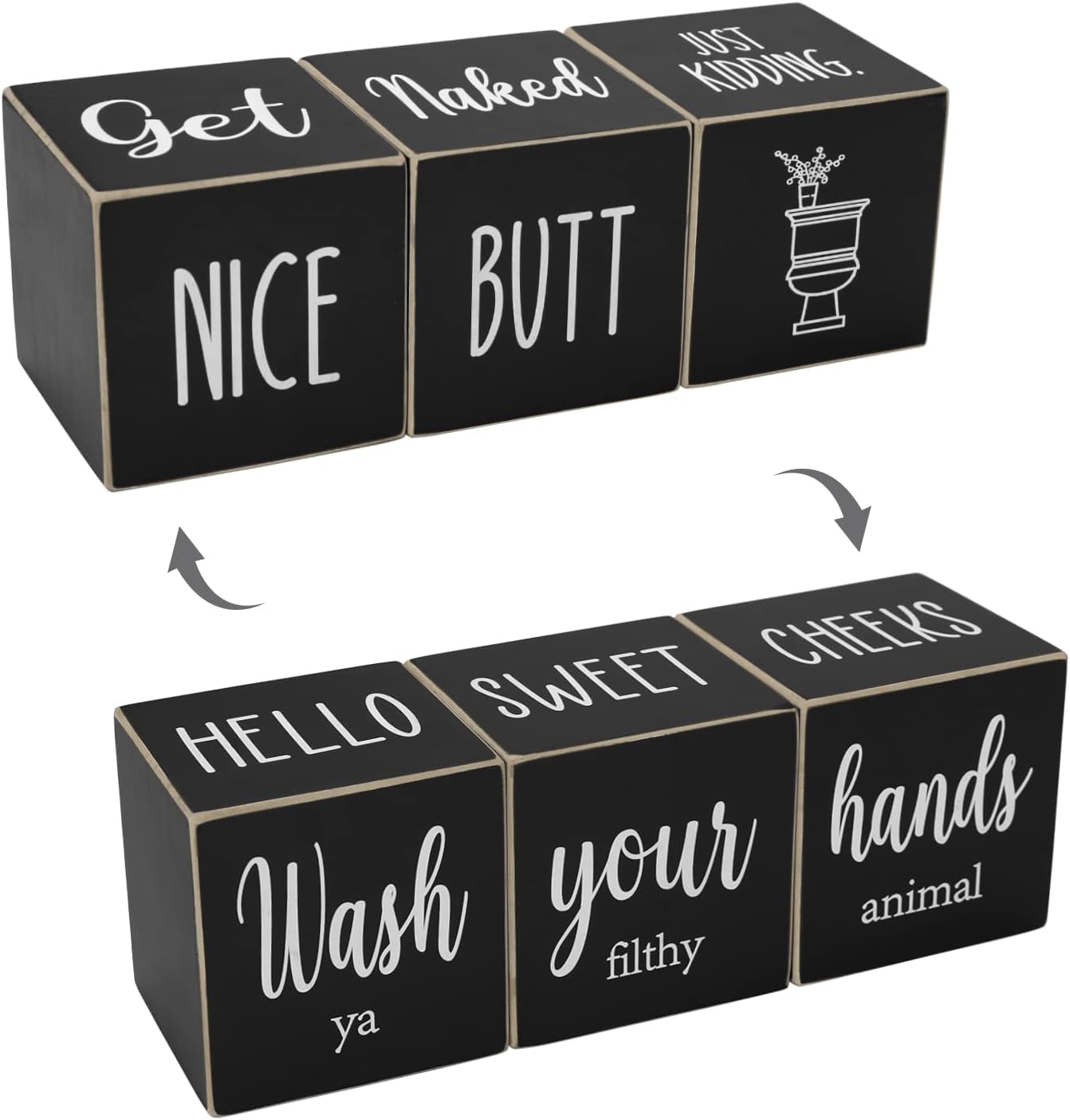 Farmhouse Bathroom Decor, Cute Funny Wooden Signs for Shelf, Rustic Black Bathroom Decor, 4 Sides