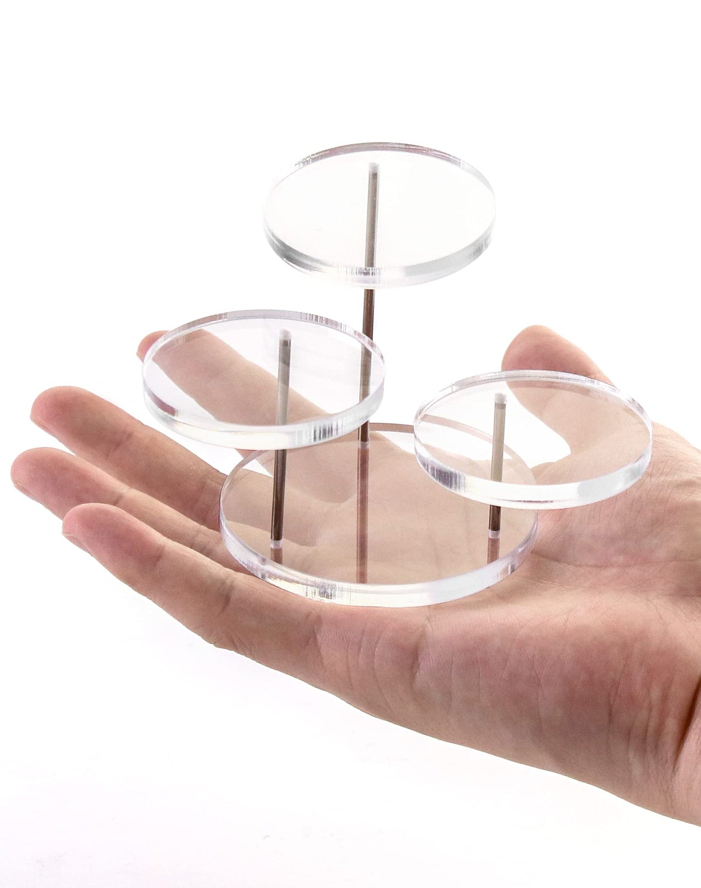 QWORK Mini 3-Tier Clear Acrylic Display Risers – Small Jewelry & Figurine Stand for Home, Storefront & Exhibits, 4 Pack
