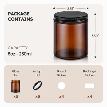 Tecohouse 8oz Amber Glass Jars with Metal Lids, 3 Pack Candle Jars with Blank Labels, 250g Wide Mouth | Lotion Container for Sample, Cream, Lotion, Honey, Powder, Jelly | Home & Beauty