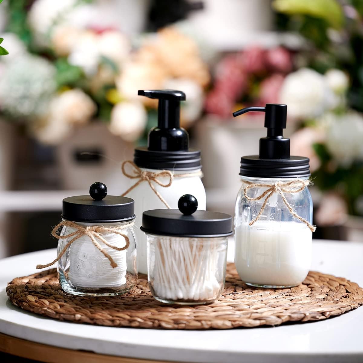 Amolliar Mason Jar Liquid Soap Dispenser, 16OZ Refillable Glass Soap Dispenser for Bathroom, Hand Soap, Dish Soap, Lotion Dispenser for Kitchen, Farmhouse Decor, Soap Pump Bottle, Black 2 Pack