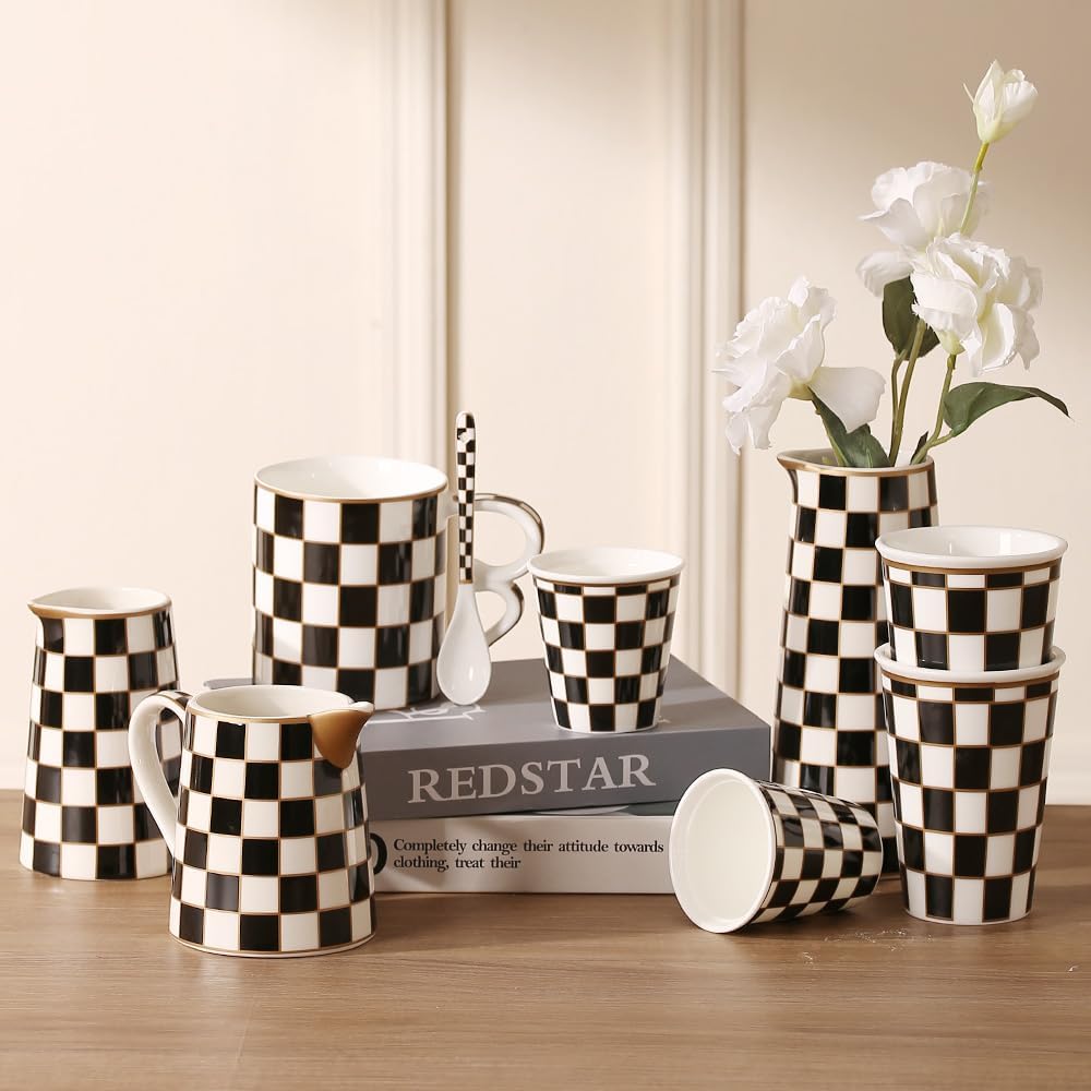 Porlien Checker Porcelain 18-ounce Mug Set of 2 with Teaspoon, Coffee Mugs and Tea Cups