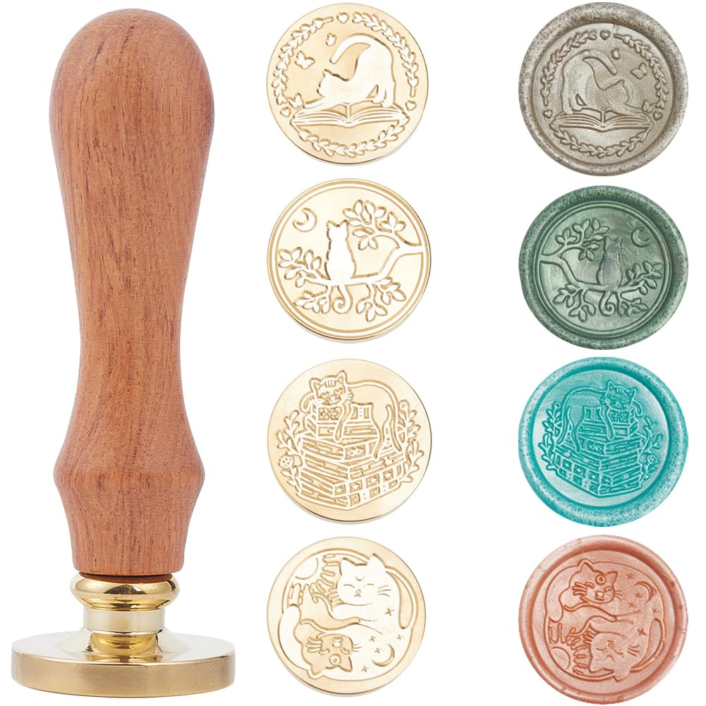 CRASPIRE 4 Styles Cat Wax Seal Stamp Head Animal 25mm Removable Brass Head Set with 1Pcs Wooden Sealing Stamp Handle for Wedding Birthday Envelopes Invitations Gift Packing Wrap Decoration