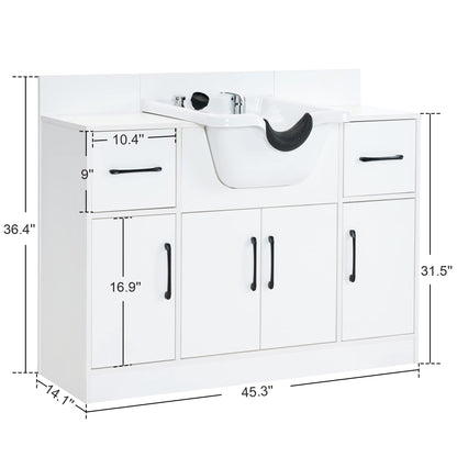BarberPub Multi-Functional Shampoo Backwash Sink Station with Shampoo Bowl for Hair Stylist, Salon Spa Beauty Cabinet with Faucet Sprayer, Barber Storage Equipment 7139 (White)