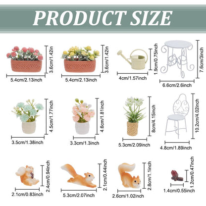 FREEBLOSS 13Pcs Dollhouse Furniture Set Miniature Patio Set with Mini Table Chairs Garden Plants Mini Squirrels Decor Doll House Furniture and Accessories Set