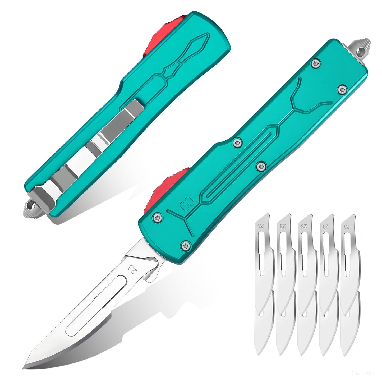 Automatic Utility Knife All Metal EDC Push Button Box Cutter with Quick-Change Retractable Blade, Includes 10pcs #23 Stainless Steel Blades & Clip,Knifes for Precision Work Green