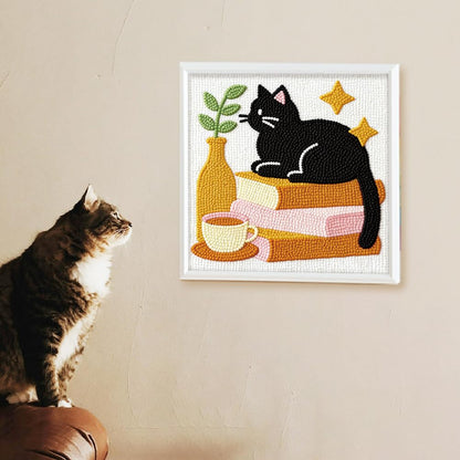 Doodlream Cat on Books Needle Kit for Beginner, 9.4"x 9.4" Coffee and Plant Punch Stitching Craft Set, Color DIY Embroidery Starter with Printed Frame, Instruction, Threader, Yarn, Pinch Needle