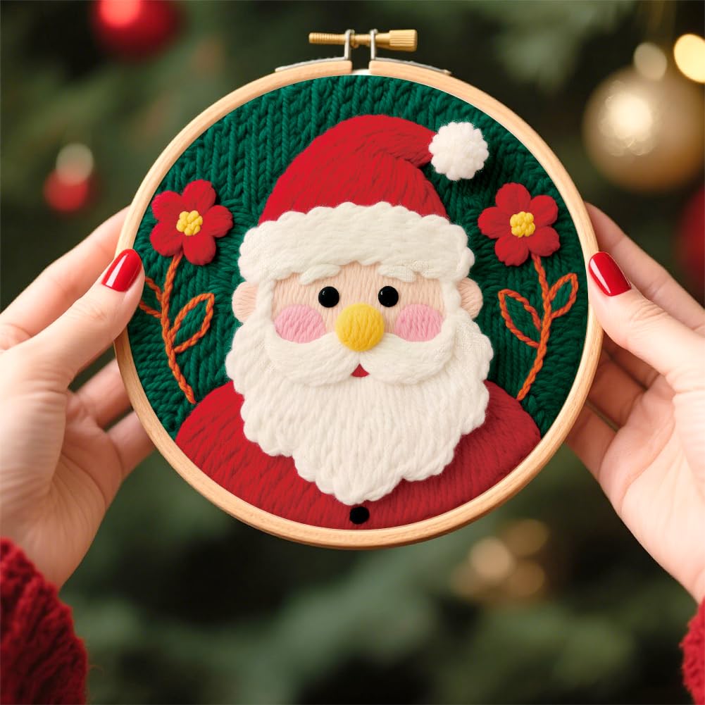 ACRNIGHEET 6Pcs Christmas Punch Needle Kits for Adults Beginners, 6.7" Diameter Punch Needle Embroidery Kit Include Instructions Pre-Printed Pattern Embroidery Hoop Yarns Needles DIY Crafts Gifts Idea