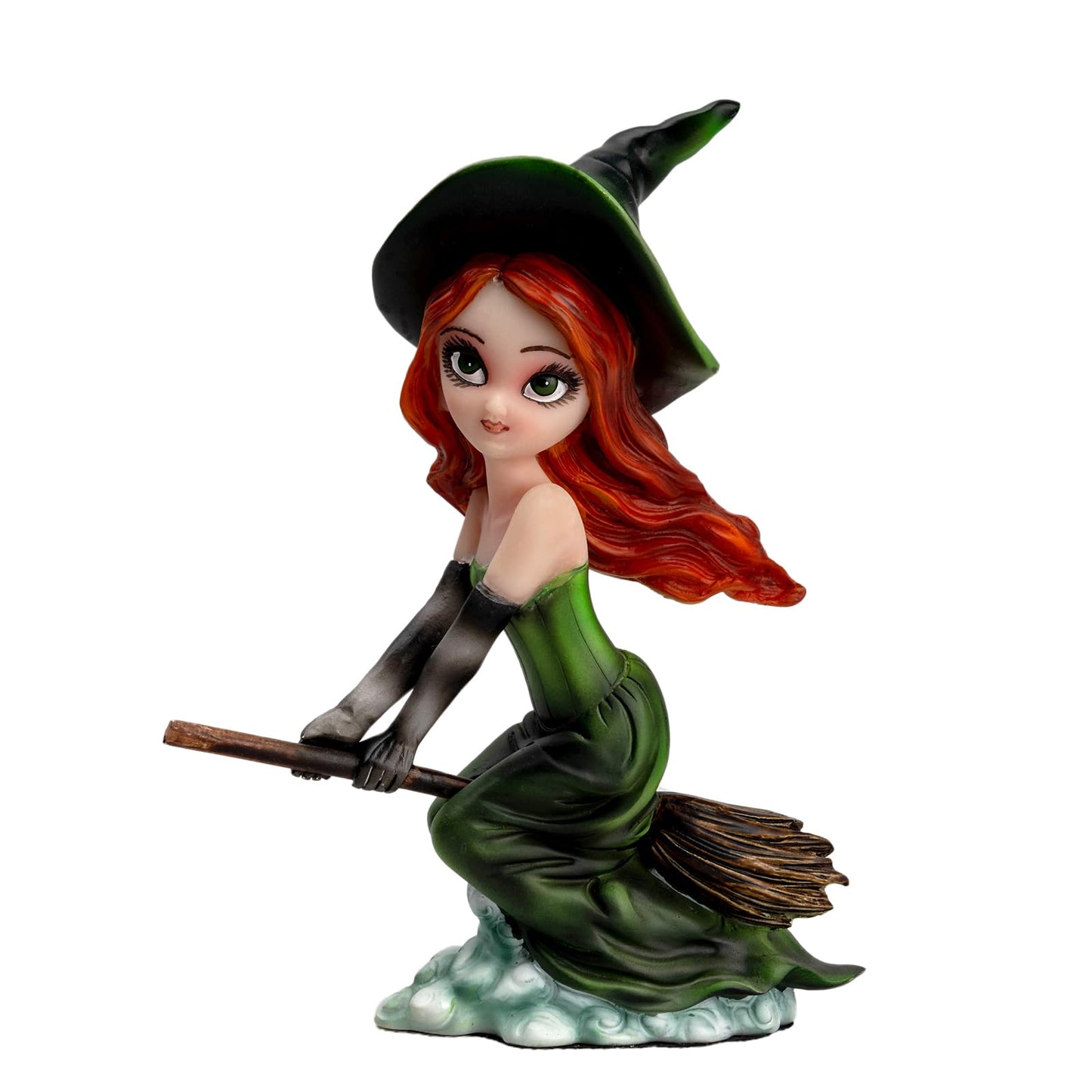 Enchanted Green Witch Resin Statue - Riding Broom Flying Style Figurine, Whimsical Gothic Witchcraft Decor, Fantasy Collectible for Halloween, Christmas & Home Office, Unique Wiccan Altar Accent Gift